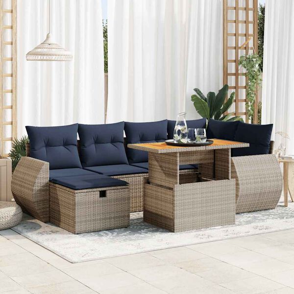 vidaXL Salon de jardin avec coussins 7pcs marron r&eacute;sine tress&eacute;e acacia