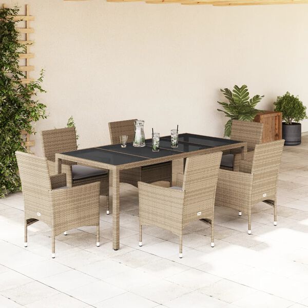 vidaXL Ensemble &agrave; manger de jardin et coussins 7 pcs beige rotin verre