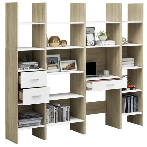 vidaXL Ensemble de biblioth&egrave;que 4 pcs Blanc et ch&ecirc;ne sonoma