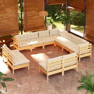 vidaXL Salon de jardin 11 pcs avec coussins crème Bois de pin solide