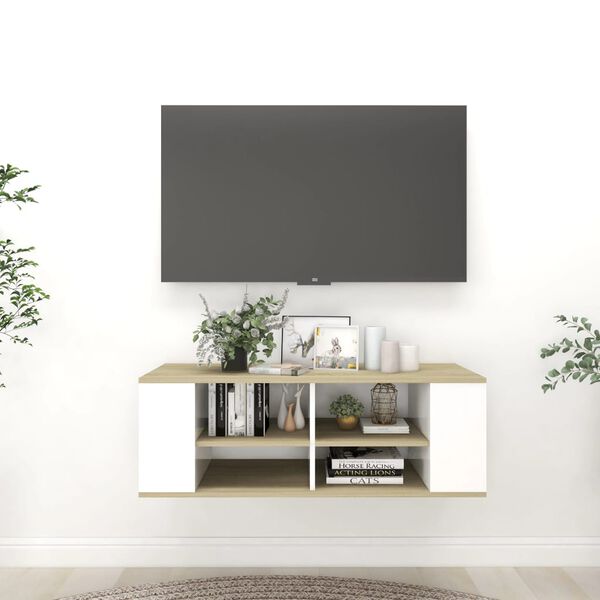 vidaXL Meuble TV mural Blanc et ch&ecirc;ne sonoma Bois d&rsquo;ing&eacute;nierie