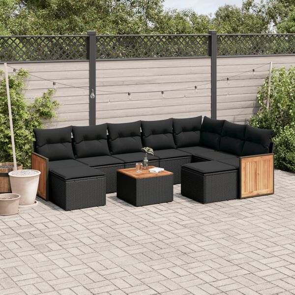 vidaXL Salon de jardin 10 pcs avec coussins noir r&eacute;sine tress&eacute;e
