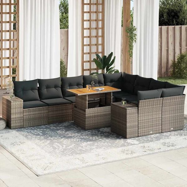 vidaXL Salon de jardin avec coussins 10 pcs gris résine tressée acacia