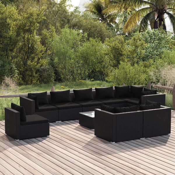 vidaXL Salon de jardin 10 pcs avec coussins R&eacute;sine tress&eacute;e Noir