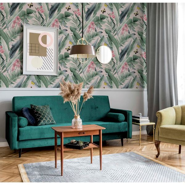 DUTCH WALLCOVERINGS Papier peint Lush Tropical Rose et bleu