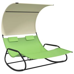 vidaXL Chaise longue double &agrave; bascule avec auvent Vert et cr&egrave;me