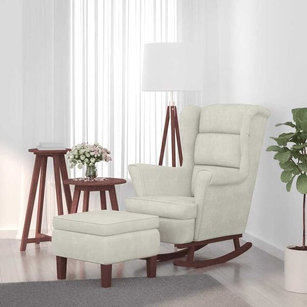 vidaXL Fauteuil &agrave; bascule &agrave; oreilles en velours cr&egrave;me bois massif