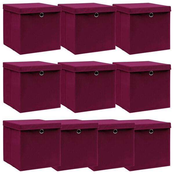 vidaXL Bo&icirc;tes de rangement 10 pcs Rouge fonc&eacute; 32x32x32 cm Tissu