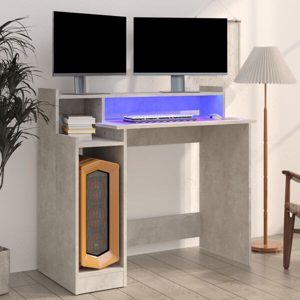 vidaXL Bureau et lumières LED Gris béton 97x45x90 cm Bois d'ingénierie