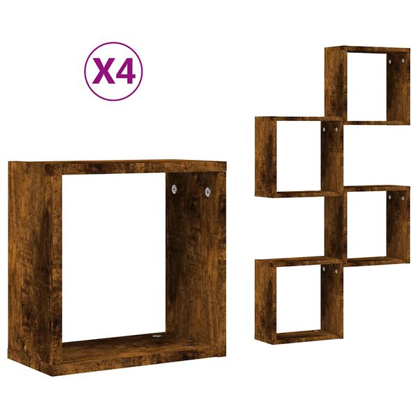 vidaXL &Eacute;tag&egrave;res murales sous forme de cube 4 pcs ch&ecirc;ne fum&eacute; 30x15x30cm