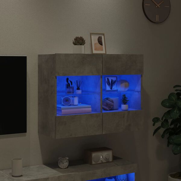 vidaXL Meuble TV mural avec lumi&egrave;res LED gris b&eacute;ton 78,5x30x60,5 cm