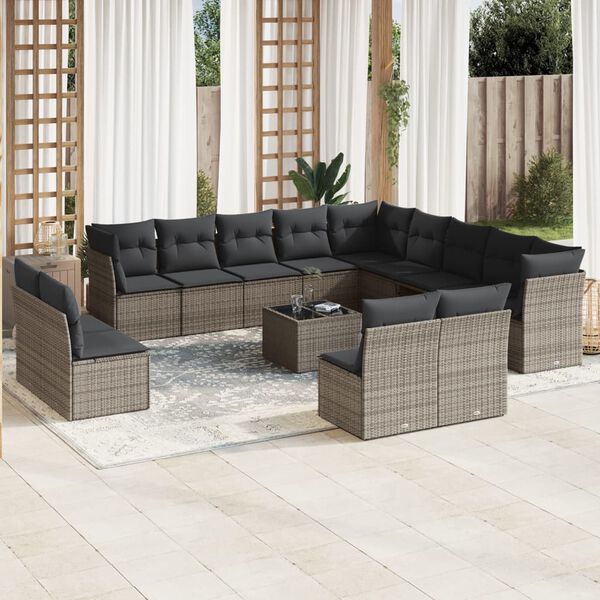 vidaXL Salon de jardin avec coussins 14 pcs gris r&eacute;sine tress&eacute;e