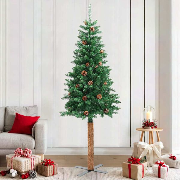 vidaXL Sapin de Noël mince avec bois véritable et cônes vert 210cm PVC