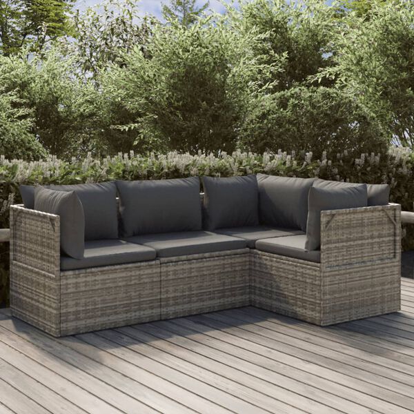 vidaXL Salon de jardin 4 pcs avec coussins Gris R&eacute;sine tress&eacute;e