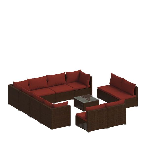 vidaXL Salon de jardin 12 pcs avec coussins Marron R&eacute;sine tress&eacute;e