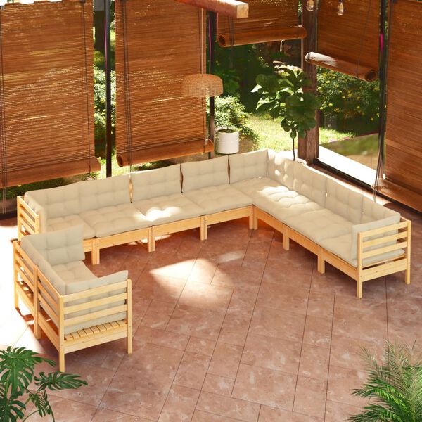 vidaXL Salon de jardin 10 pcs avec coussins cr&egrave;me bois de pin massif