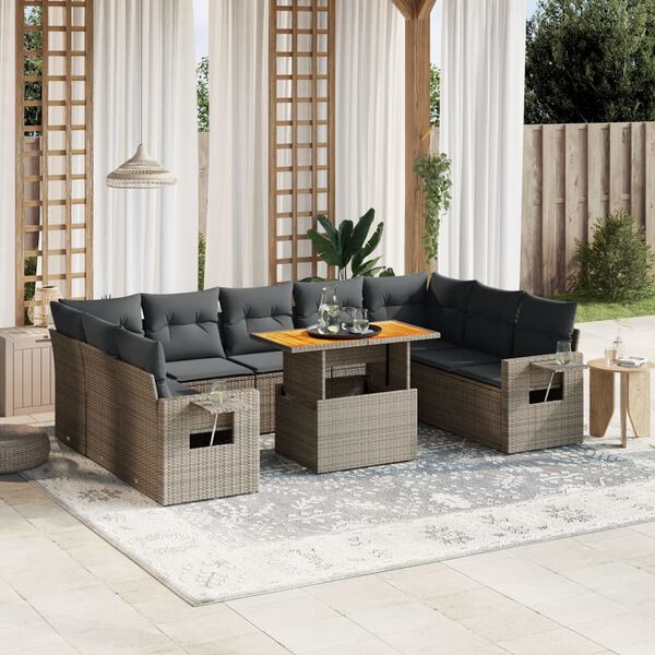 vidaXL Salon de jardin avec coussins 10 pcs gris r&eacute;sine tress&eacute;e