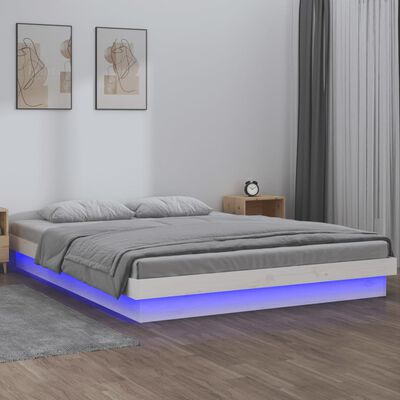 vidaXL Cadre de lit à LED blanc 135x190 cm double bois massif