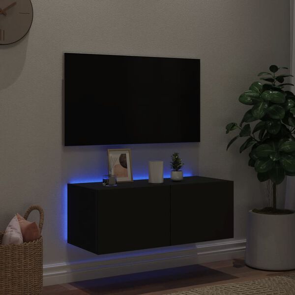 vidaXL Meuble TV mural avec lumi&egrave;res LED noir 80x35x31 cm
