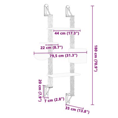 vidaXL Arbre à chat mural avec griffoir gris clair 180 cm