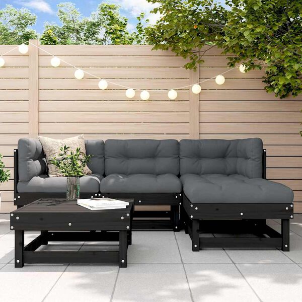 vidaXL Salon de jardin 5 pcs avec coussins noir bois massif