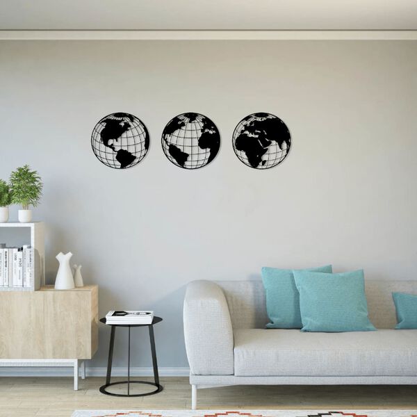Homemania D&eacute;coration murale Carte du monde 140x41 cm Acier Noir