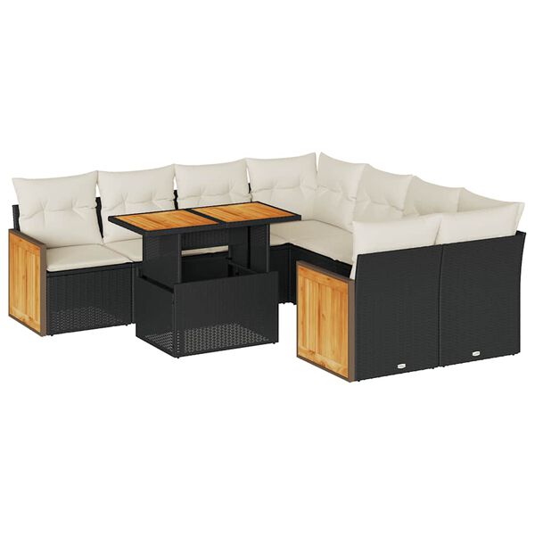 vidaXL Salon de jardin avec coussins 9 pcs noir r&eacute;sine tress&eacute;e acacia