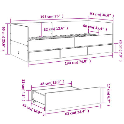 vidaXL Lit de jour avec tiroirs sans matelas chêne marron 90x190 cm