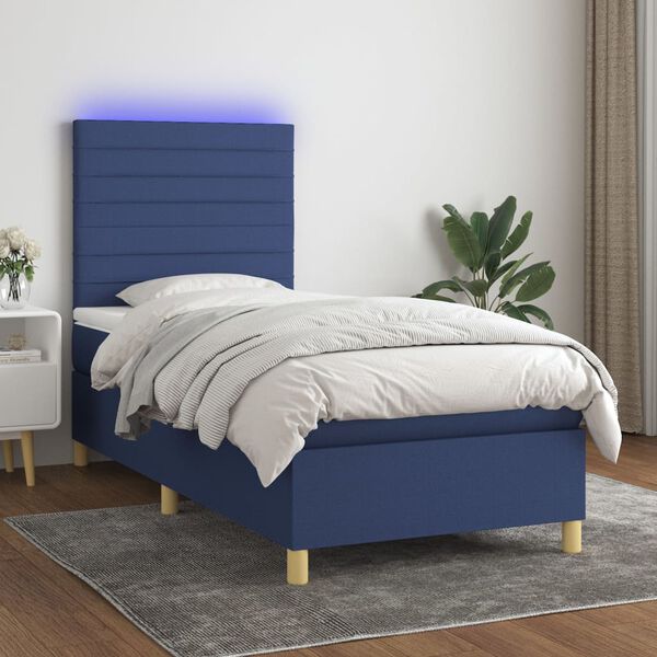 vidaXL Sommier &agrave; lattes de lit et matelas et LED Bleu 90x190 cm Tissu