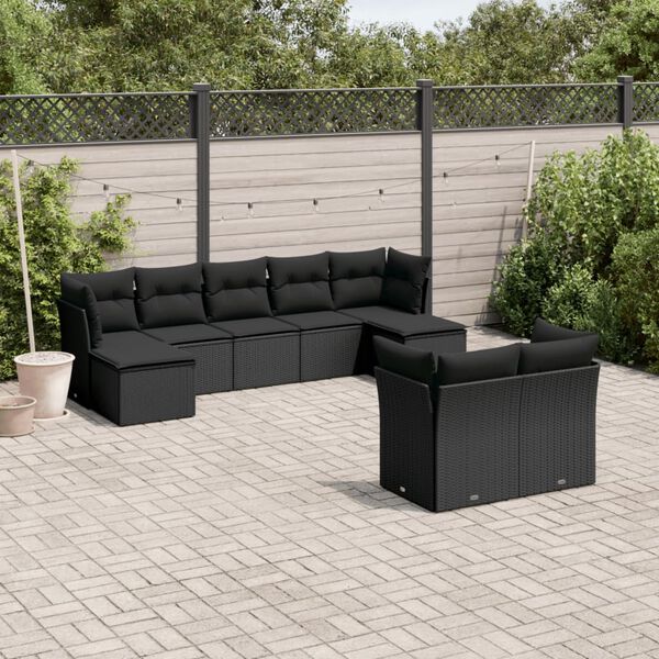 vidaXL Salon de jardin 9 pcs avec coussins noir r&eacute;sine tress&eacute;e