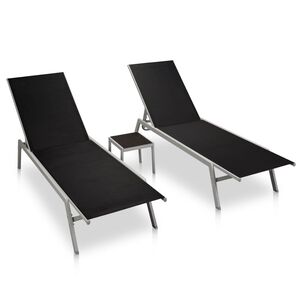 vidaXL Chaises longues lot de 2 avec table acier et textil&egrave;ne noir