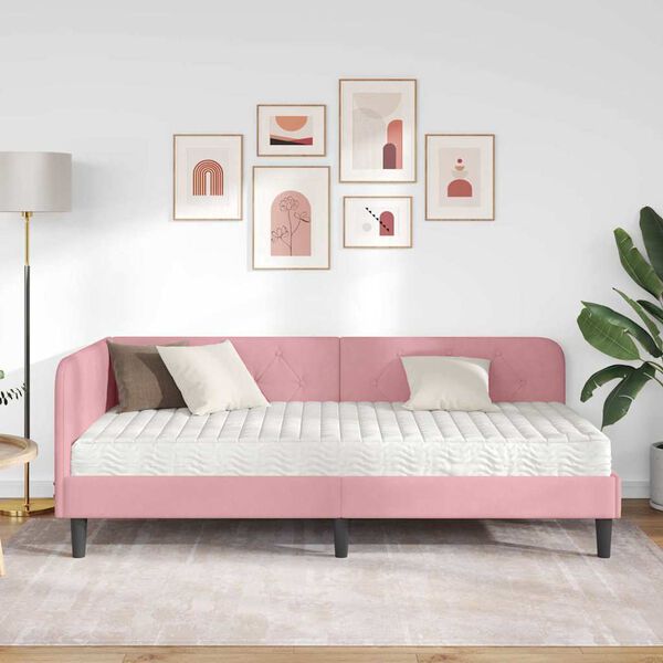 vidaXL Cadre de lit d'angle avec matelas Rose 90 x 200 cm Velours