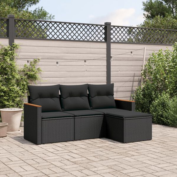 vidaXL Salon de jardin 4 pcs avec coussins noir r&eacute;sine tress&eacute;e