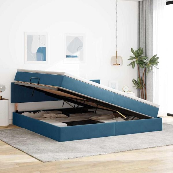 vidaXL Lit de Rangement avec matelas Bleu fonc&eacute; 200 x 200 cm Velours