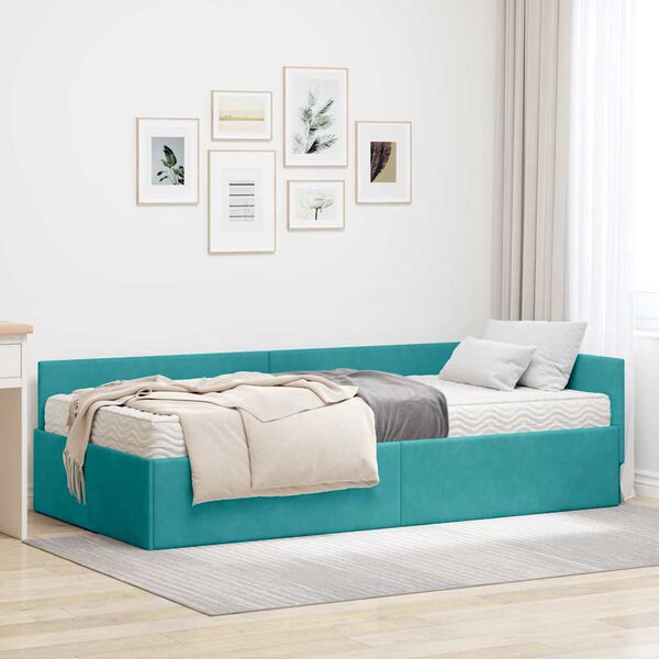 vidaXL Cadre de lit d'angle avec matelas Autre 2 pcs Turquoise Velours
