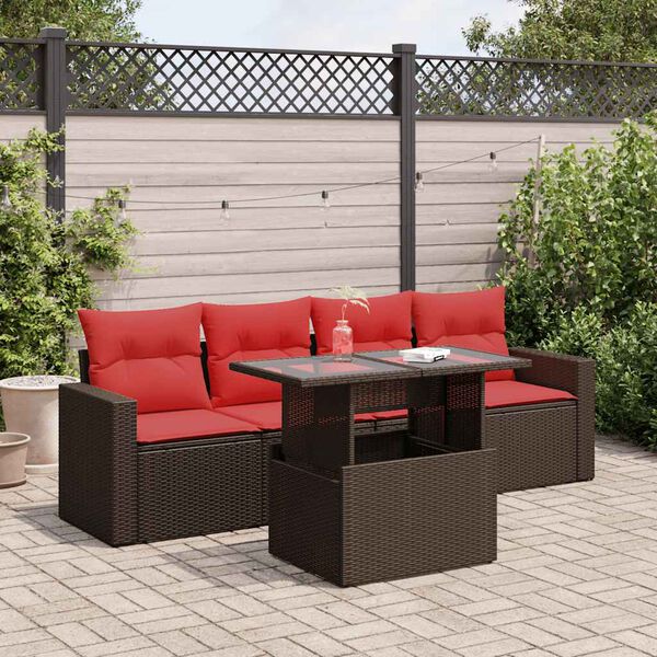 vidaXL Salon de jardin avec coussins 5pcs marron r&eacute;sine tress&eacute;e acacia
