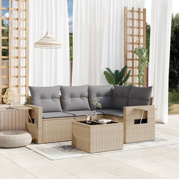 vidaXL Salon de jardin avec coussins 5 pcs beige r&eacute;sine tress&eacute;e