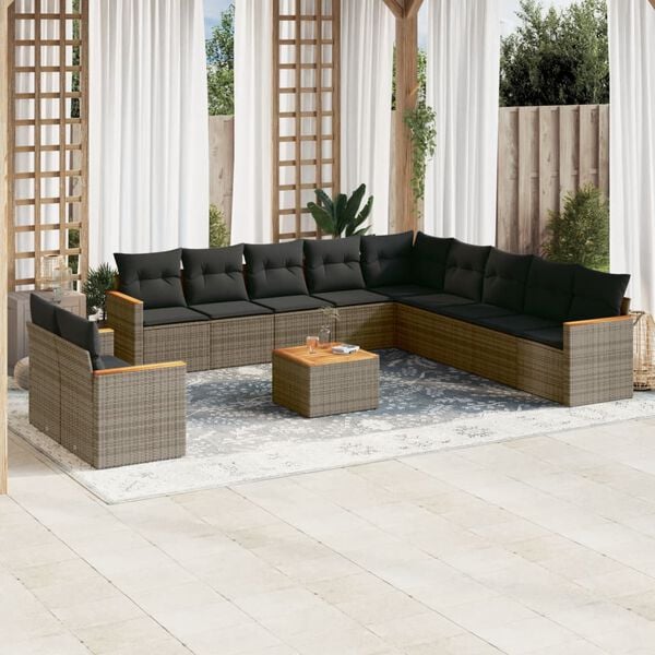 vidaXL Salon de jardin avec coussins 12 pcs gris r&eacute;sine tress&eacute;e