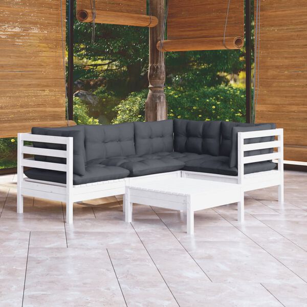 vidaXL Salon de jardin 5 pcs avec coussins blanc bois de pin