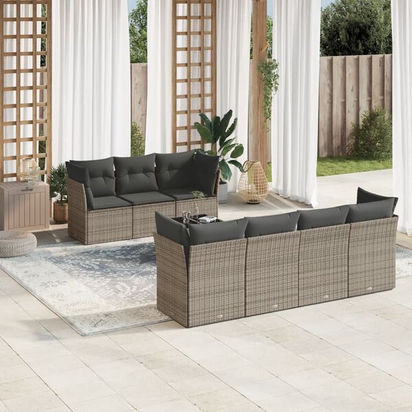 vidaXL Salon de jardin 8 pcs avec coussins gris r&eacute;sine tress&eacute;e
