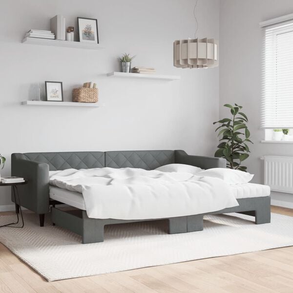 vidaXL Lit de jour avec gigogne et matelas gris fonc&eacute; 90x200 cm tissu