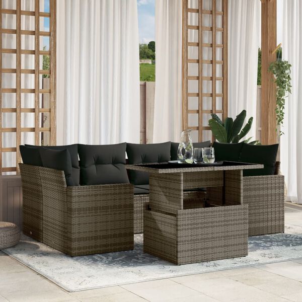 vidaXL Salon de jardin avec coussins 7 pcs gris r&eacute;sine tress&eacute;e