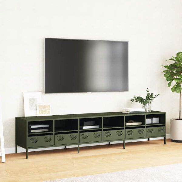 vidaXL Meuble TV vert olive 202x39x43,5 cm acier lamin&eacute; &agrave; froid