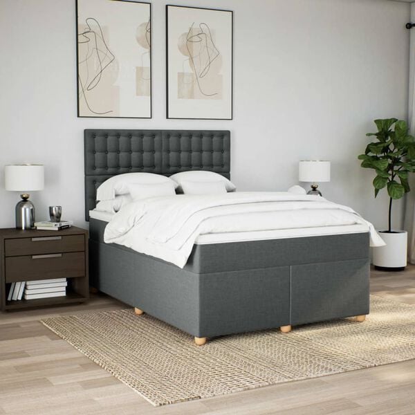 vidaXL Sommier &agrave; lattes de lit avec matelas Gris fonc&eacute; 140x200cm Tissu