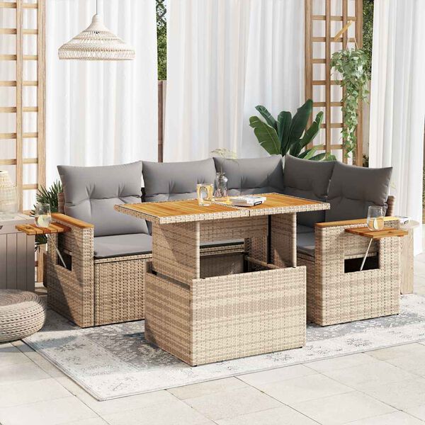 vidaXL Salon de jardin avec coussins 5 pcs beige r&eacute;sine tress&eacute;e acacia