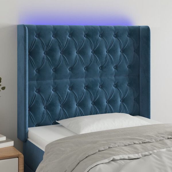 vidaXL T&ecirc;te de lit &agrave; LED Bleu fonc&eacute; 93x16x118/128 cm Velours