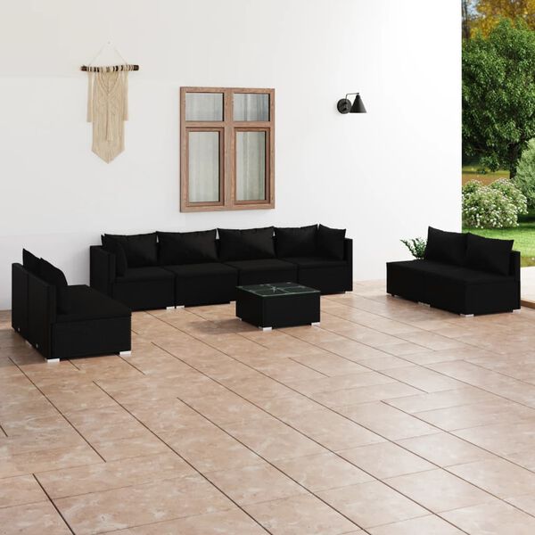 vidaXL Salon de jardin 9 pcs avec coussins R&eacute;sine tress&eacute;e Noir