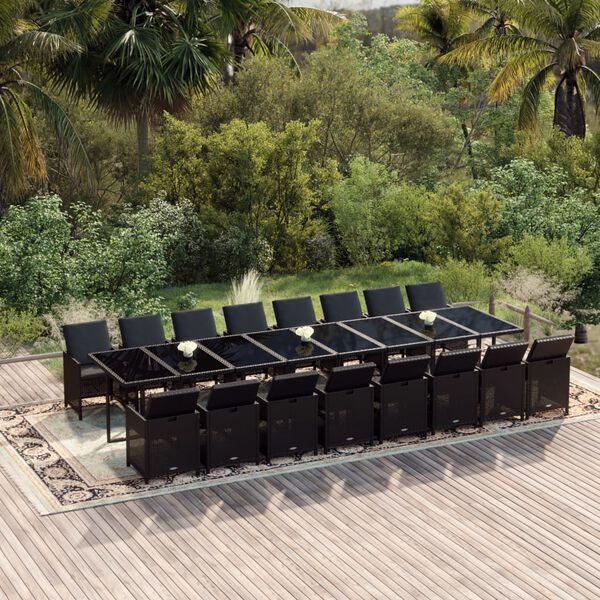 vidaXL Ensemble &agrave; manger de jardin 17 pcs coussins noir r&eacute;sine tress&eacute;e