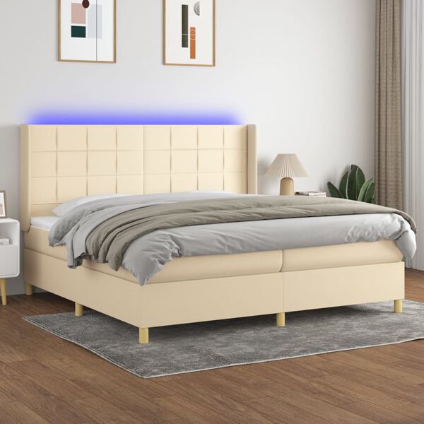 vidaXL Sommier &agrave; lattes de lit matelas et LED Cr&egrave;me 200x200 cm Tissu