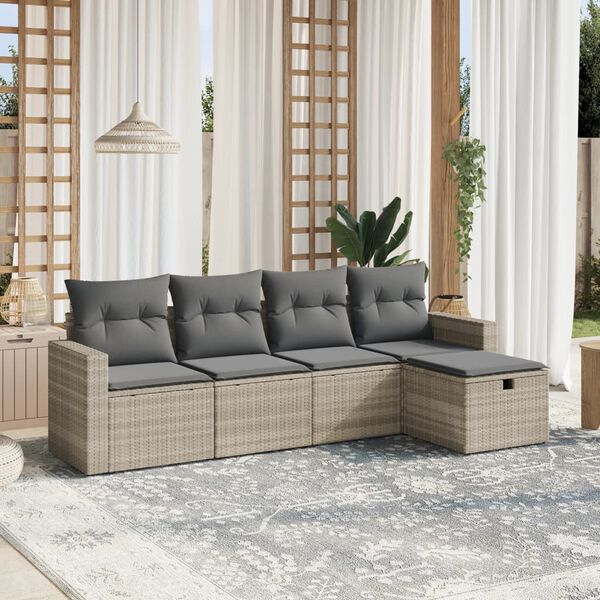vidaXL Salon de jardin 5 pcs avec coussins gris clair r&eacute;sine tress&eacute;e